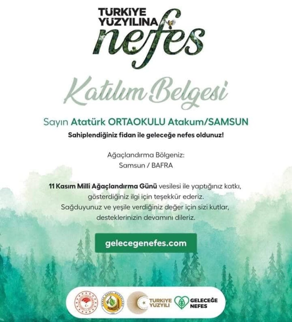 ATAKUM ATATÜRK ORTAOKULU'NA TÜRKİYE YÜZYILINA NEFES BELGESİ