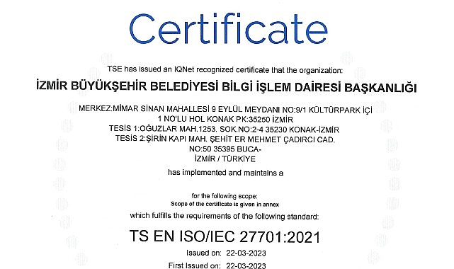 İzmir Büyükşehir Belediyesi ISO 27701 standardına sahip ilk